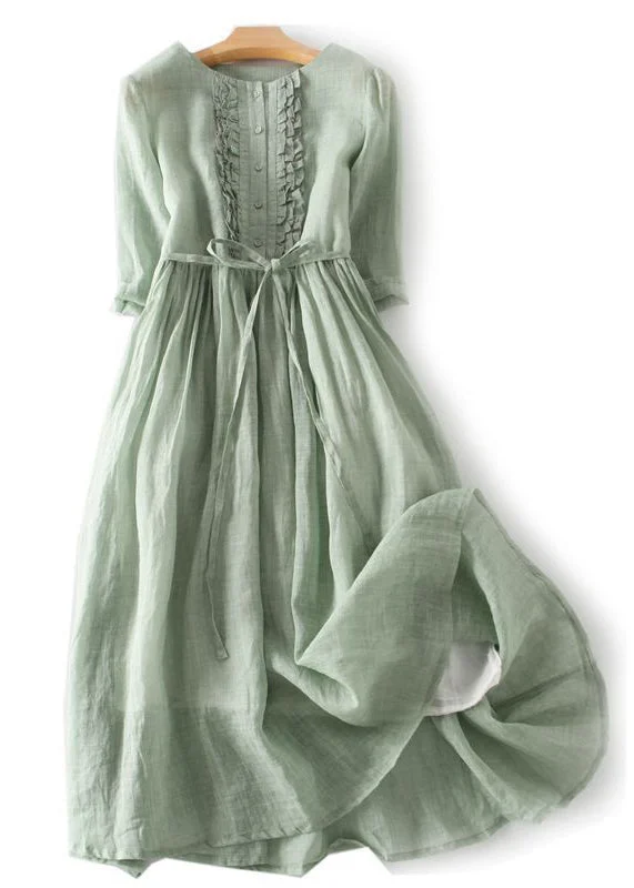 Elegant Green Ruffled Button Tie Waist Cotton Long Dress Half Sleeve QA030 Tunics Handmade artisanal