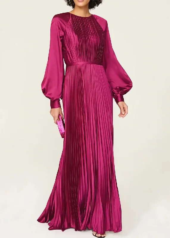 Elegant Wine Red O Neck Wrinkled High Waist Silk Dresses Fall QR036 Tunics Gym athletic