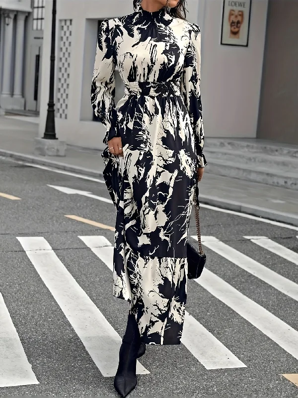 Elegant Women's Lantern Sleeve Dress - Floral Mock Neck, Cinched Waist - Casual to Formal Wear Tunics Wedding white