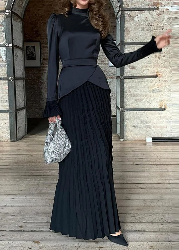 Fashion Black Wrinkled Patchwork Silk Long Dress Fall QL020 Tunics Silk luxurious