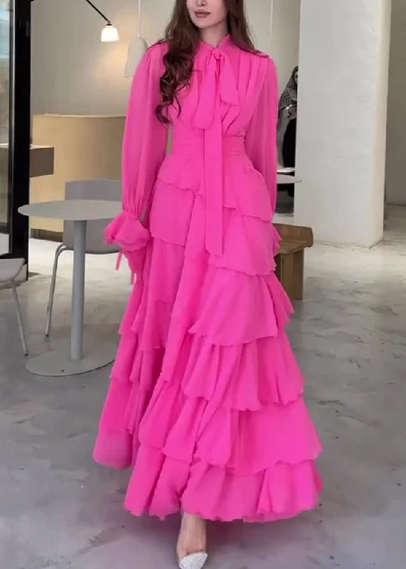 Fashion Rose Bow Ruffled Patchwork Chiffon Long Dress Fall QL040 Tunics Office stylish