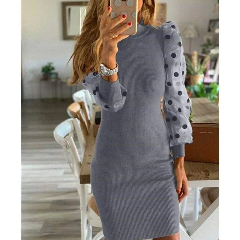 FashionSierra - Fashion Women's Polka Dot Long Puff Sleeve Jumper Pencil Dress Sexy Ladies Knit Bodycon Sweater Slim Fit Dress Elasticated Padded Insulated