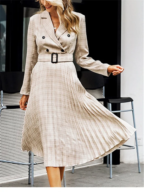 Fashion Retro Professional Plaid Pleated Long Dress Tunic Top Casual