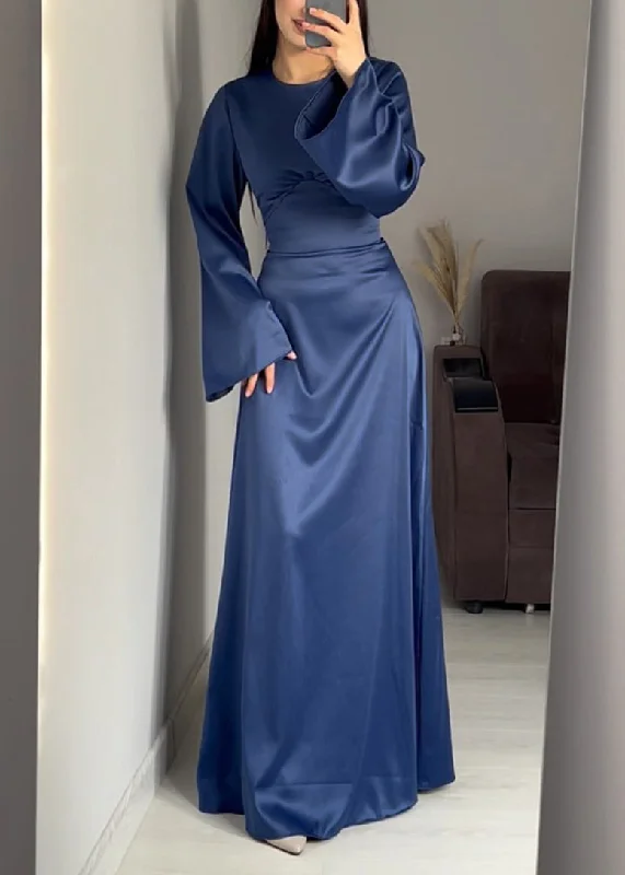 Fine Navy O Neck Lace Up Slim Fit Silk Long Dress Fall QL036 Tunics Gym athletic