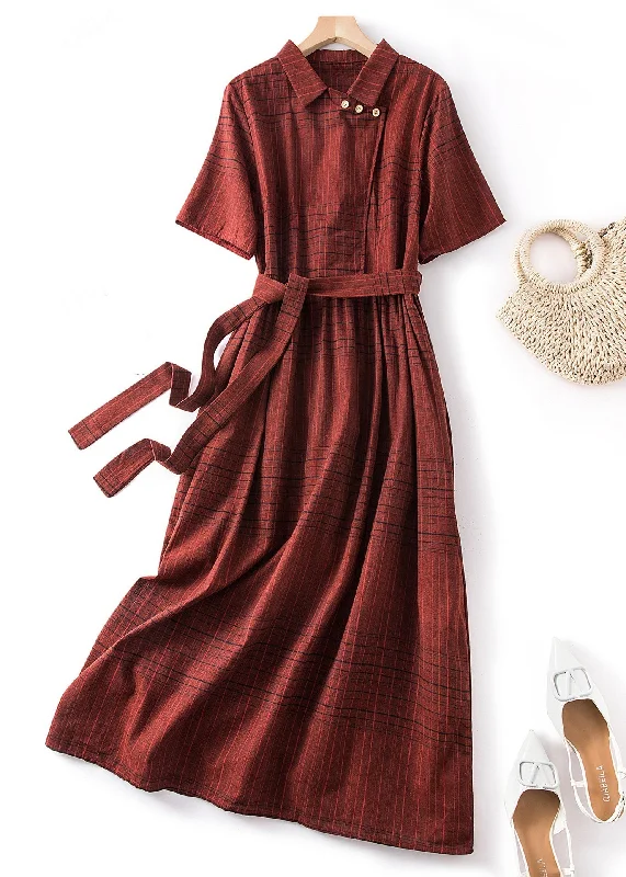 Fine Red Peter Pan Collar Plaid Tie Waist Linen Dresses Summer AM1066 Tunics Lace romantic