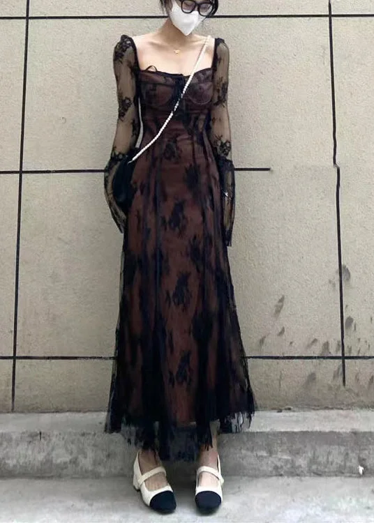 French Black Square Collar Patchwork Lace Long Dress Flare Sleeve AZ1028 Elegant Long Evening
