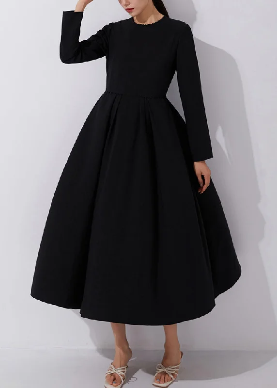 French Black Zippered Nail Bead Long Dresses Fall AM1017 Tunics Travel practical