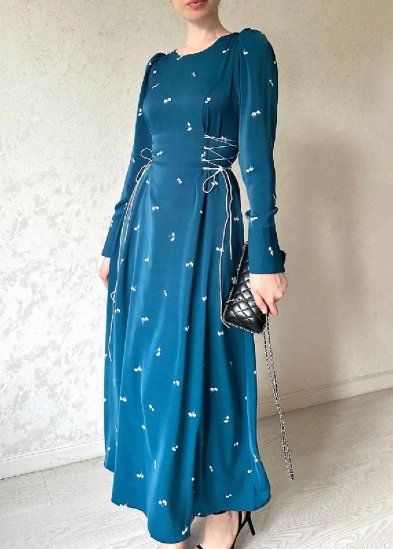 French Blue Lace Up Print Cotton Long Dresses Fall QL016 Tunics Plaid country