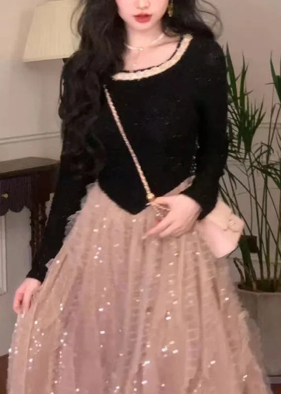 French Colorblock O Neck Patchwork Tulle Long Dress Fall QX035 Tunics Favorite customer