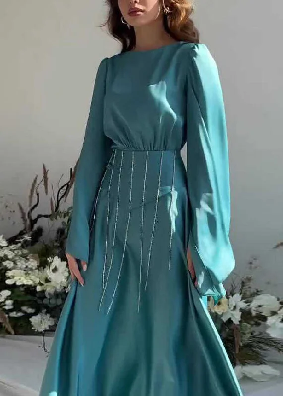 French Lake Blue Tassel Lace Up Silk Long Dress Fall QL021 Tunics Corduroy durable