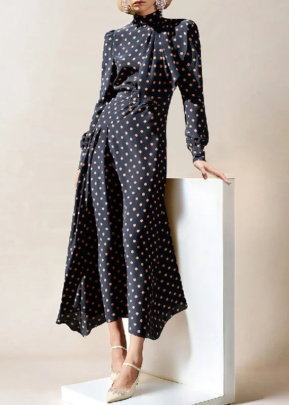 French Navy Zippered Dot High Waist Chiffon Long Dress Fall QR034 Tunics Distressed trendy