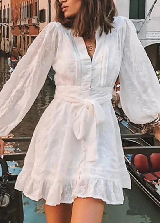 French White V Neck Ruffled Tie Waist Cotton Dress Fall QR008 Tunics Stylish elegant