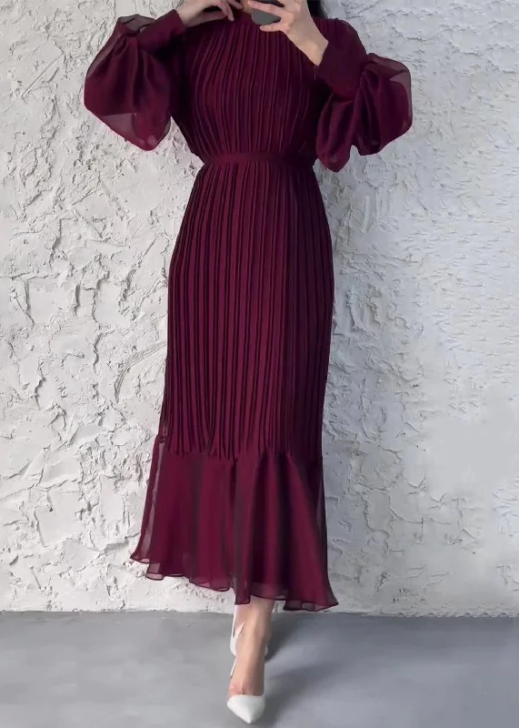 French Wine Red Wrinkled High Waist Chiffon Dress Fall QL008 Crew Neckline Casual
