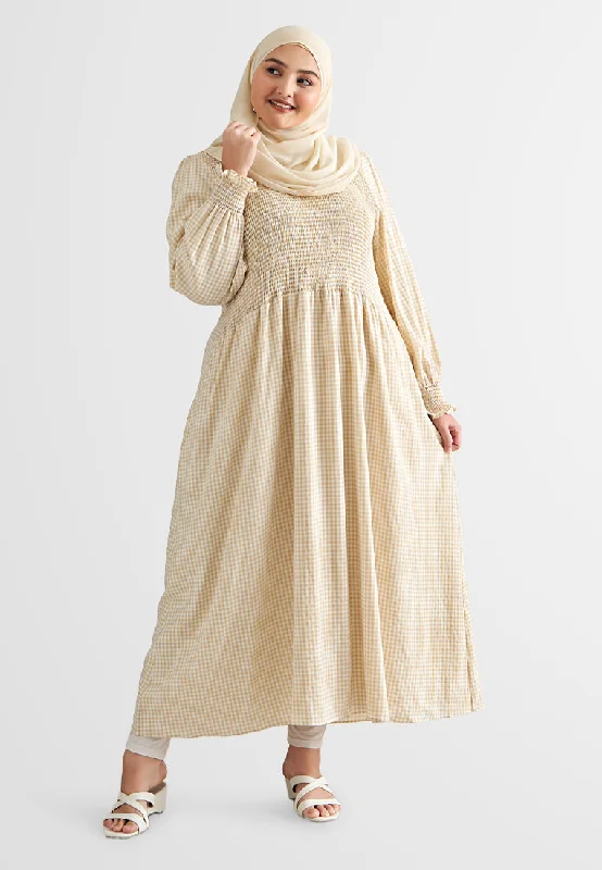 Delaina Gingham Smocked Long Dress Crew Neckline Sporty
