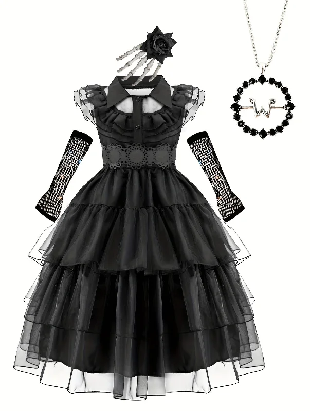 Girls Ruffle Trim Layered Hem Mesh Dress, Costume Dress Up Halloween Party Performance Cosplay Outfit Accessories Wig Necklace Ear Clip Gloves Included Set Tunics Stylish elegant