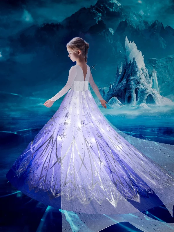 Girls Stunning & Elegant Long Sleeve Snowflakes Pattern Mesh LED Light Up Tutu Princess Dress With Cape, Dress Up Clothing For Halloween & Ball & Prom Tunics Party sparkling