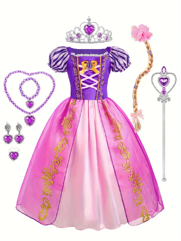 Girls Trendy Princess Dress With Crown Necklace And Ring For Birthday Party Halloween Christmas Costume Performance Dress Jewelry Wig Set Kids Clothes Tunics Recommended stylist