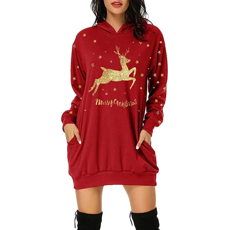 Gold Reindeer Christmas Hooded Sweater Dress: Large print and pockets, great Xmas casualwear Striped Floral Plaid