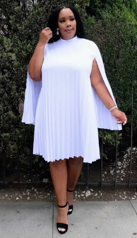 HI Curvy Plus Size Mock Neck Cape Sleeve  Keyhole Back Pleated Knee Dress empire Waist empire
