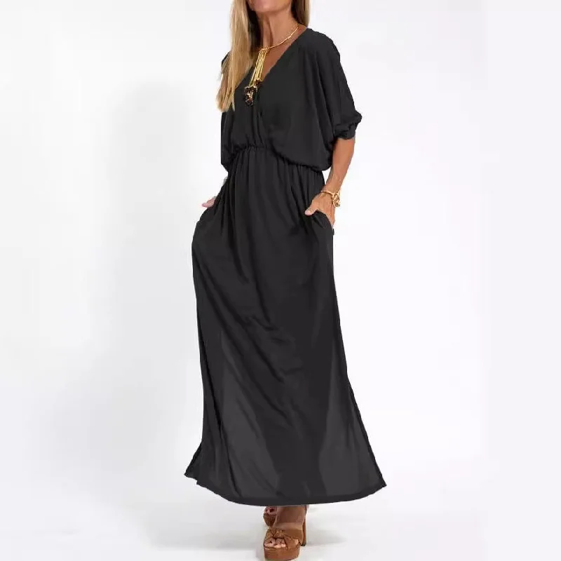 IKEARLAX Cross Border Summer New Independent Station  Fashion Solid Color High Waist Slit V-neck Dress Tunics Leisure comfortable