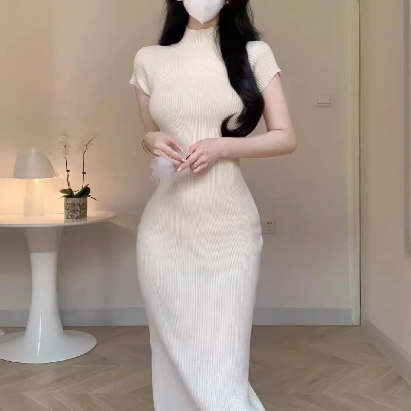 IKEARLAX  European and American Ins Foreign Trade Quality Knitted Autumn and Winter Women's Sweater over-the-Knee Knitted Dress Inner Wear Base Long Skirt Transparent Opaque Sheer