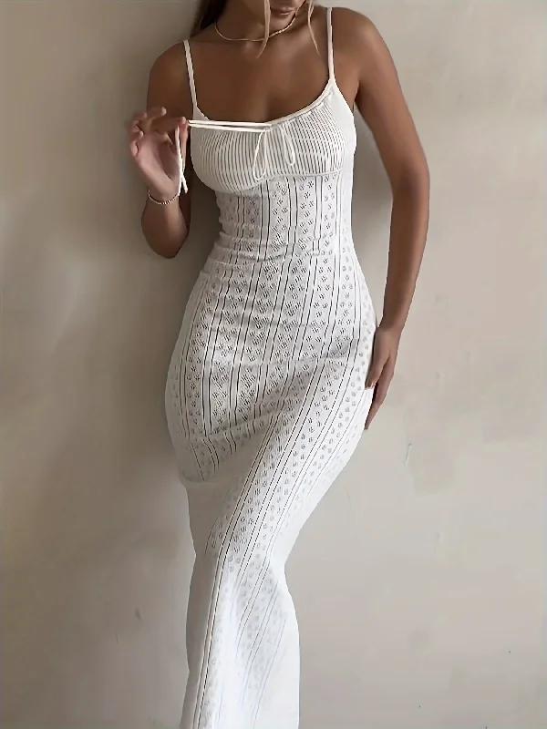 IKEARLAX Womens Elegant Solid Color Spaghetti Strap Maxi Sweater Dress - Soft Micro Elastic Polyester Knit Fabric, Semi-Sheer, Sleeveless, Backless, Lace Up Detail, Customized Style - Perfect for Spring, Summer, and Fall Seasons Terry Terry Cloth Terry Knit