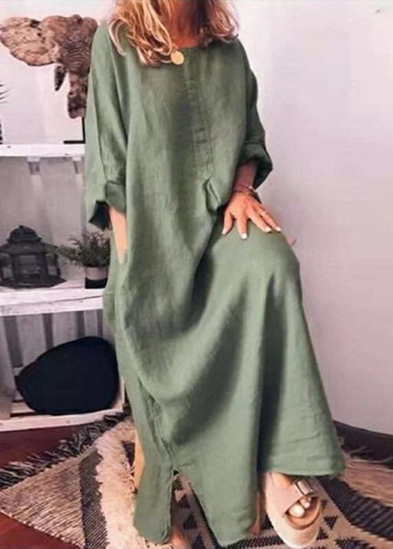 Italian Green O Neck Pockets Cotton Long Dress Fall QR013 Elegant Long Evening