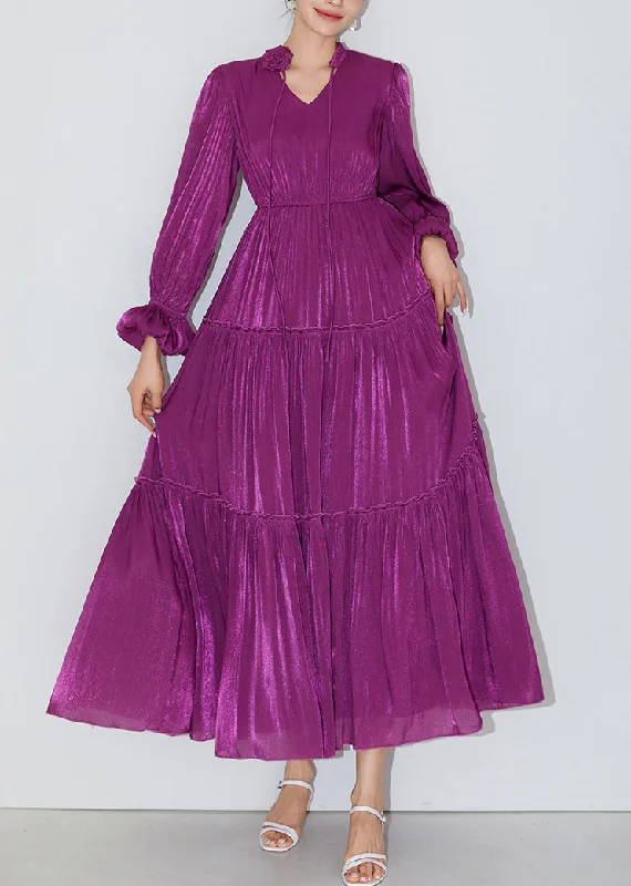 Italian Purple Ruffled Elastic Waist Silk Long Dresses Butterfly Sleeve AM1005 Tunics Fall fleece