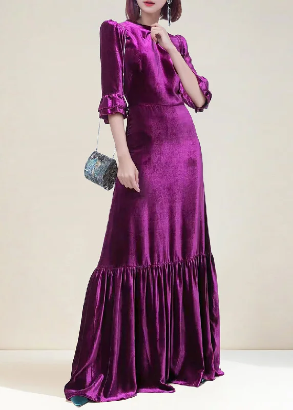 Italian Purple Zippered Wrinkled Velour Long Dress Butterfly Sleeve AM1036 Tunics Denim casual