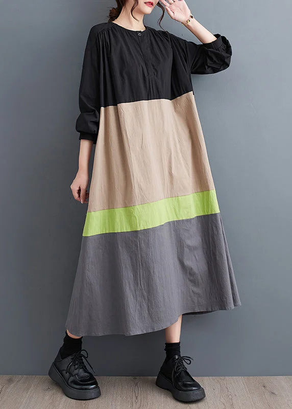 Khaki Loose Patchwork Cotton Long Dresses O Neck Fall QA045 Tunics Custom made