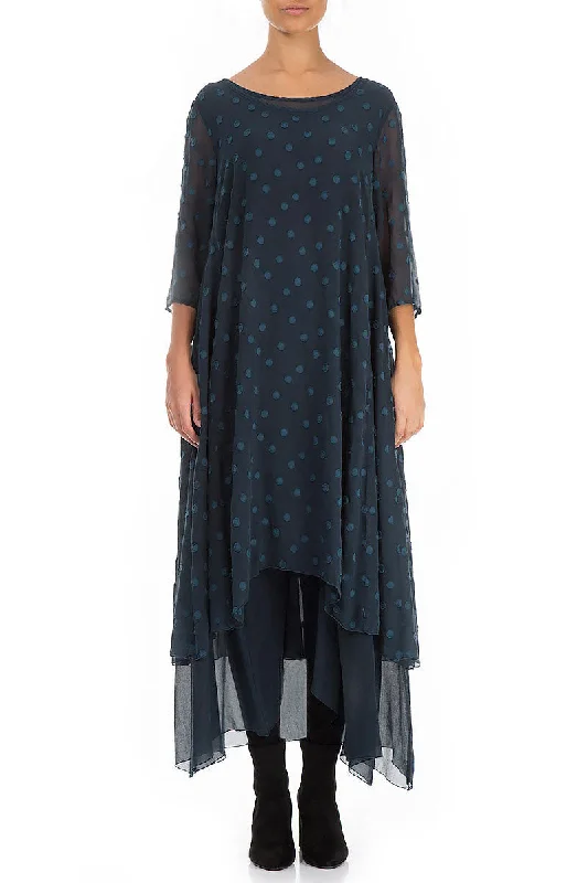 Layered Dotty Midnight Blue Silk Dress Tunics Sophisticated sleek