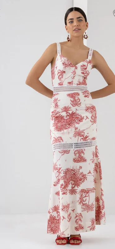 LEZ A LEZ PALM TREE LONG DRESS WITH LACE INSERT A-Line Day Work