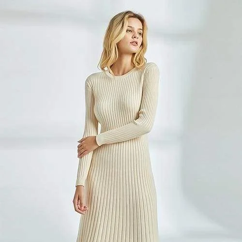FashionSierra - Long Knitted Sweater Dress for Women Casual Winter Sweater Dress Glossy Satin Silk
