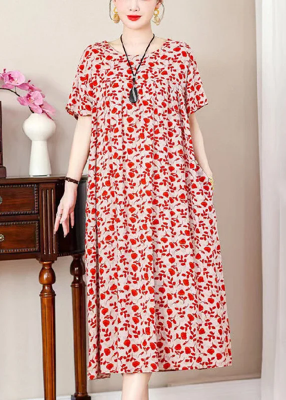 Loose Red Print Pockets Cotton Long Dresses Summer QE019 Off-the-shoulder Chic Trendy