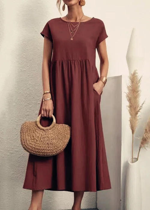 Loose Wine Red O Neck Pockets Solid Cotton Long Dresses Summer QE030 Boat Neckline Classic