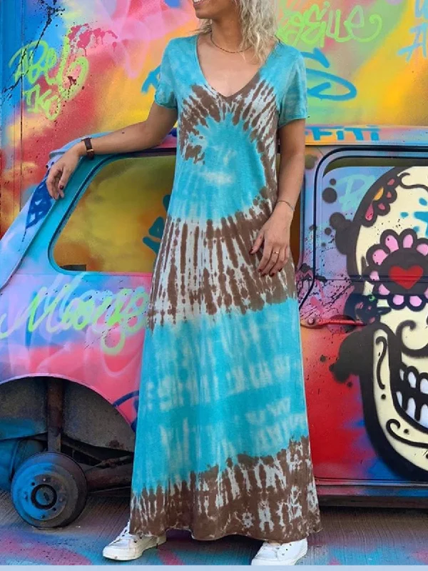 Loose Casual Collar Comfortable Soft Tie Dye Long Dress Tunics Polka dots