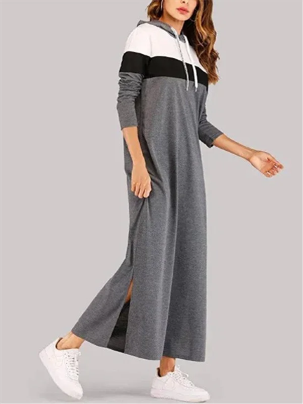 Loose Casual Daily Long Sleeve Hooded Long Dress Cowl Neckline Elegant