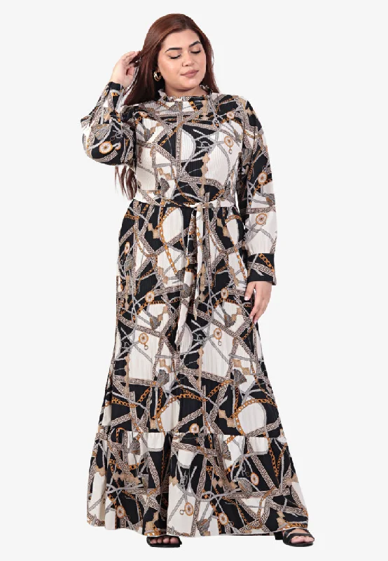 Damyra Raya Pleated Prints Belted Long Dress - Black White Tunics Handmade artisanal