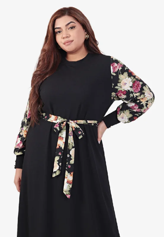 Rania Raya Printed Sleeves Ribbed Long Dress - Floral Tunics Ceremony elegant