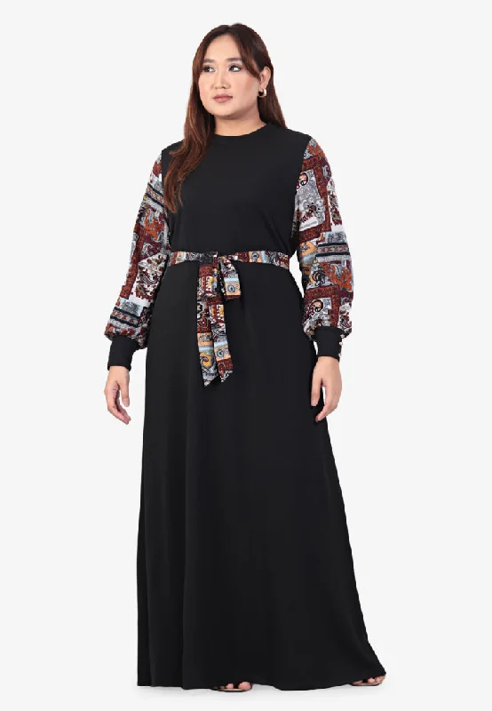 Rania Raya Printed Sleeves Ribbed Long Dress - Abstract Tunics Bridal satin