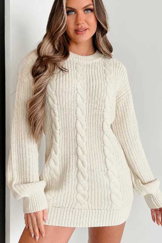 Memory Mile Cable Knit Sweater Dress (Cream) Elegant Classic Vintage