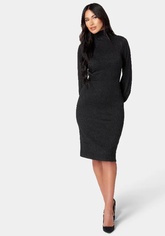 Midi Turtleneck Gather Sleeve Sweater Dress Houndstooth Herringbone Solid