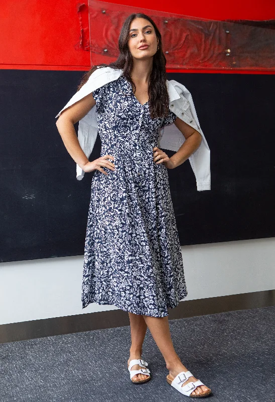 Midnight navy Floral Dress Tunics Cozy comfortable