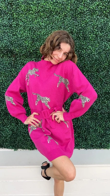 Pink Cheetah Sweater Dress Glossy Satin Silk