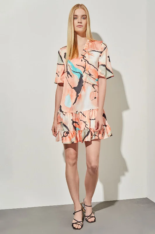Modern Fit Mini Drop-Waist Flounce Dress - Abstract Woven Off-the-shoulder Chic Trendy