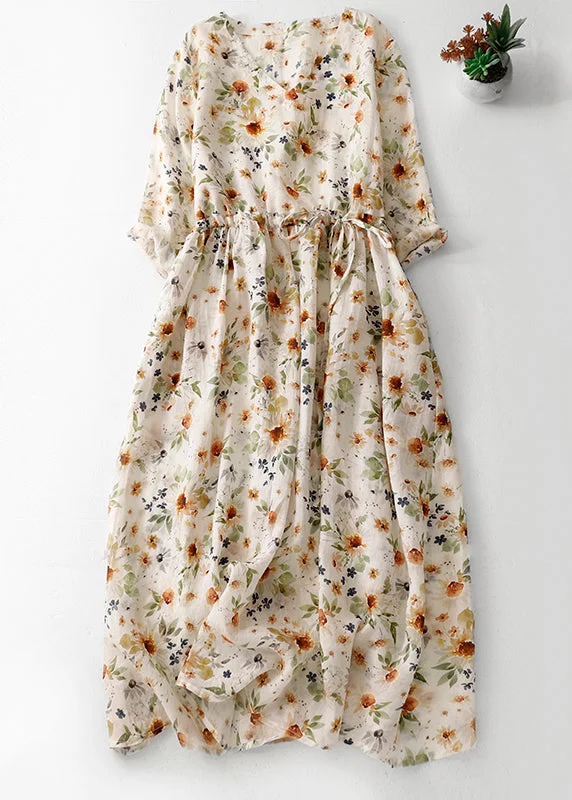 Natural Green V Neck Print Drawstring Cotton Long Dresses Summer AM1067 Tunics Plaid country