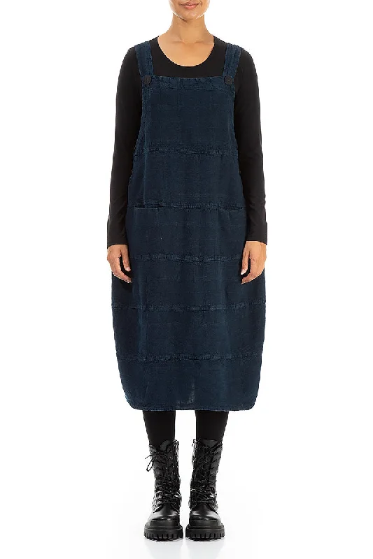 Midnight Blue Patterned Linen Dungaree Dress Tunics Luxurious premium
