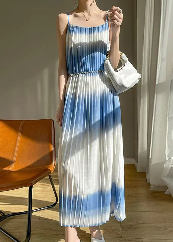 New Blue Cold Shoulder Wrinkled Cotton Long Dress Summer AB1014 Tunics Chic elegant