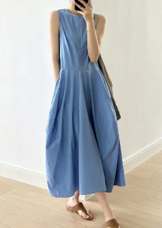 New Blue O-Neck Pockets Cotton Long Dresses Sleeveless QE009 Shift Classic Vintage