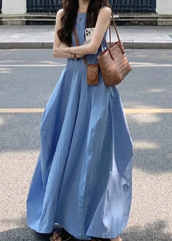 New Blue O Neck Pockets Solid Cotton Long Dress Sleeveless QF049 Tunics Ceremony elegant